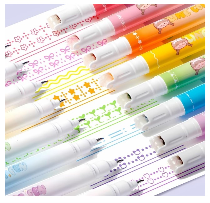 Linear Roller Color Pens Highlighters with 6 Different Curve Shapes (Set of 6)