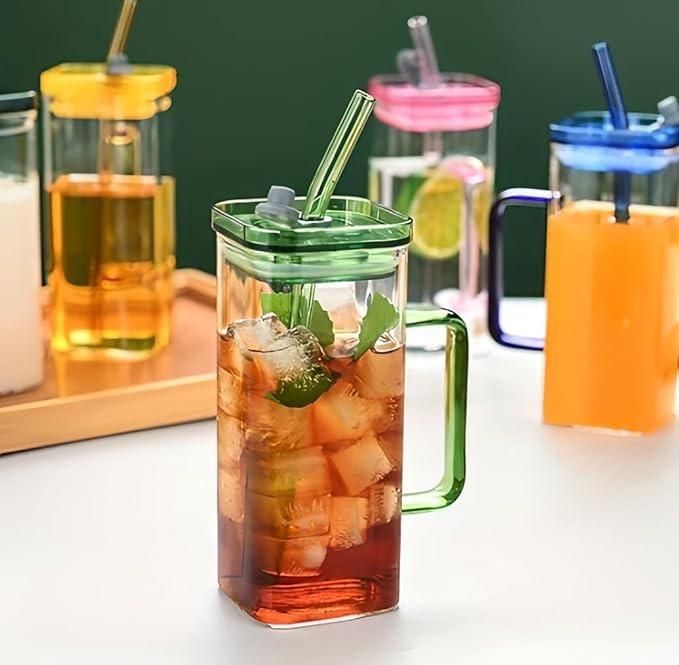 Square Glass with Lid and Straw